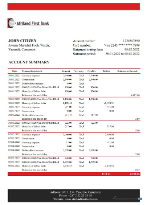 Download Cameroon Afriland First bank statement excel Photoshop template